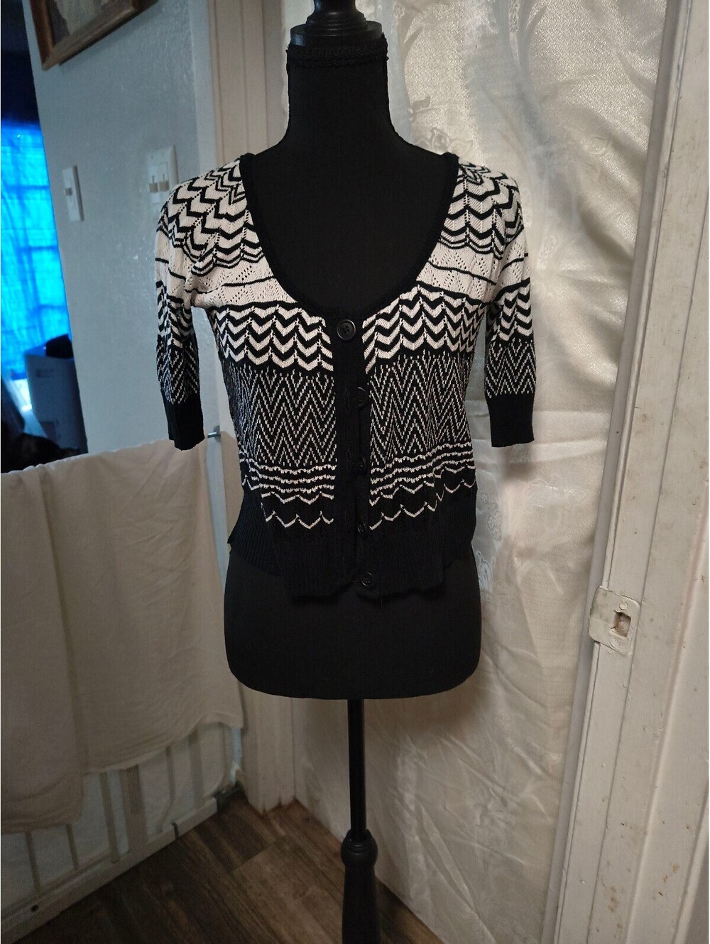 Maurices Black and White Patterned Button-Up Cardigan Sweater